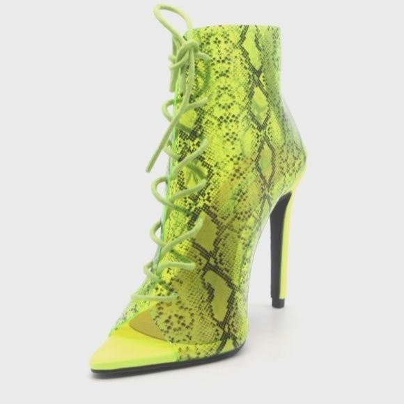 Lime Snake Transparent Lace Up Pep Toe Booties - Picture 5 of 9